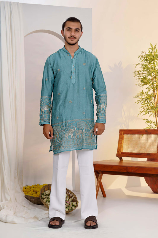 Sea Green Embroidered Kurta With Heritage Border