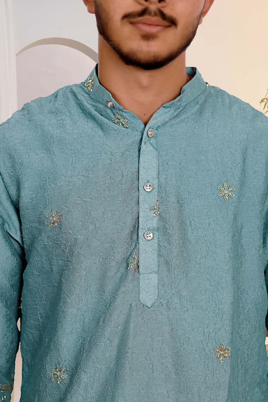 Sea Green Embroidered Kurta With Heritage Border