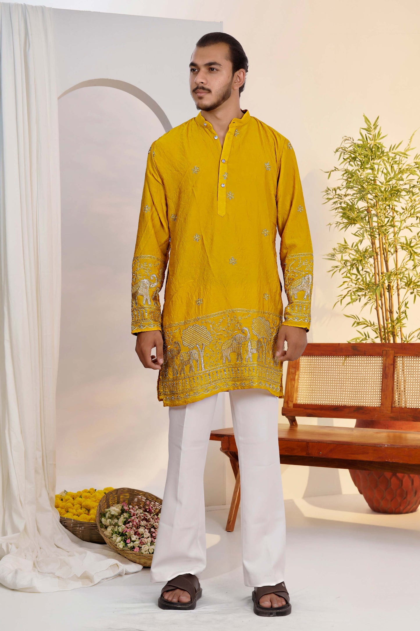 Lemon Gold Embroidered Kurta With Heritage Border
