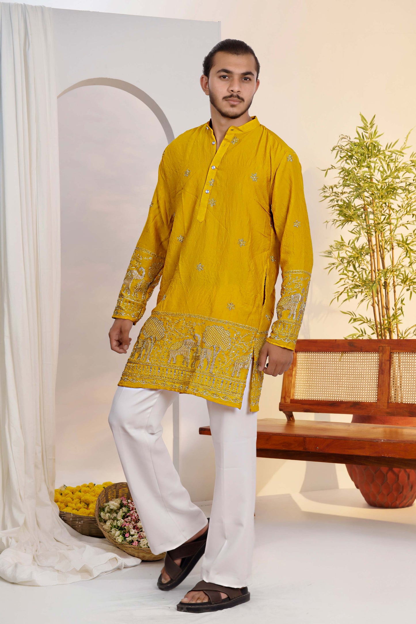 Lemon Gold Embroidered Kurta With Heritage Border