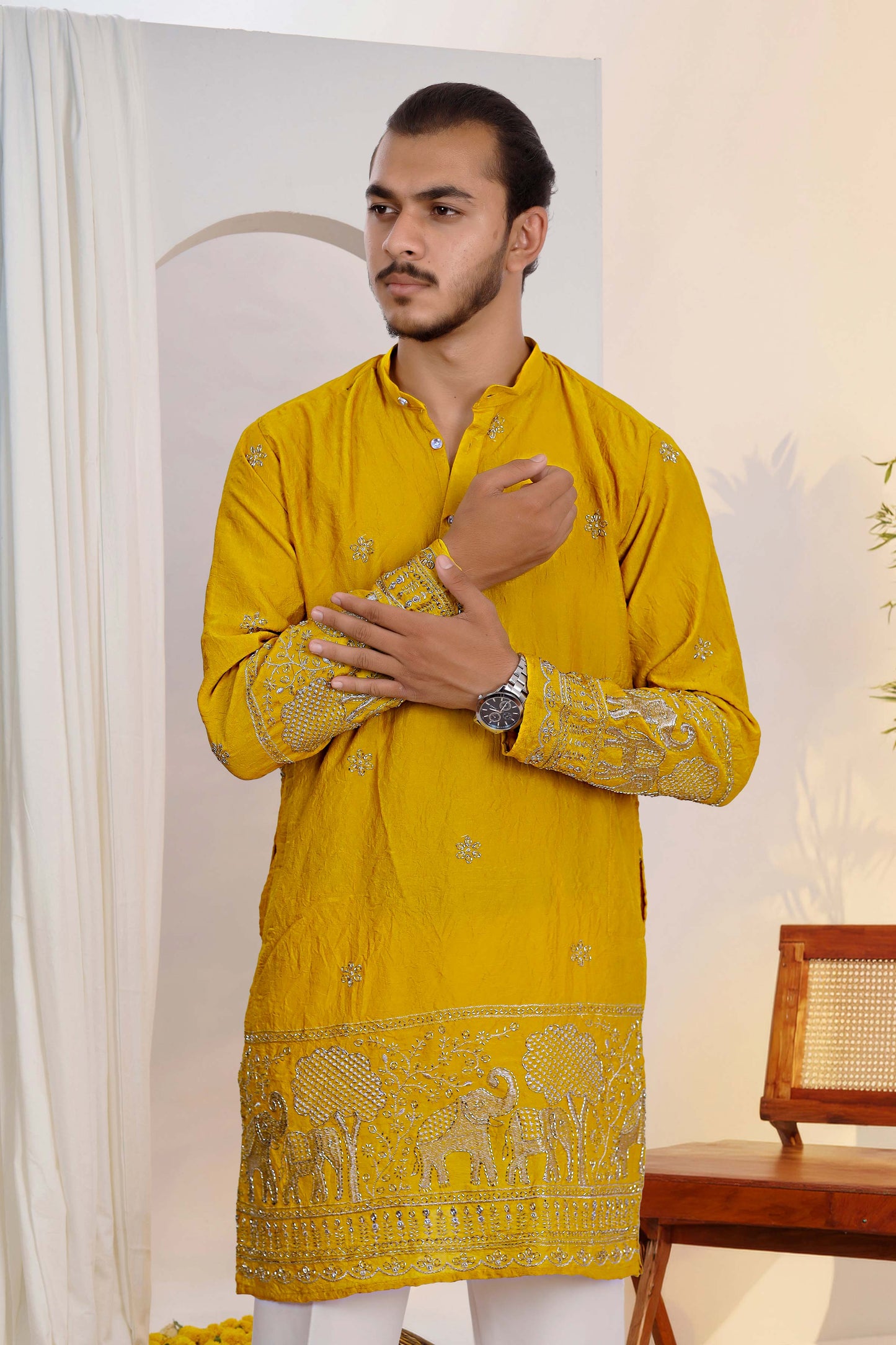 Lemon Gold Embroidered Kurta With Heritage Border