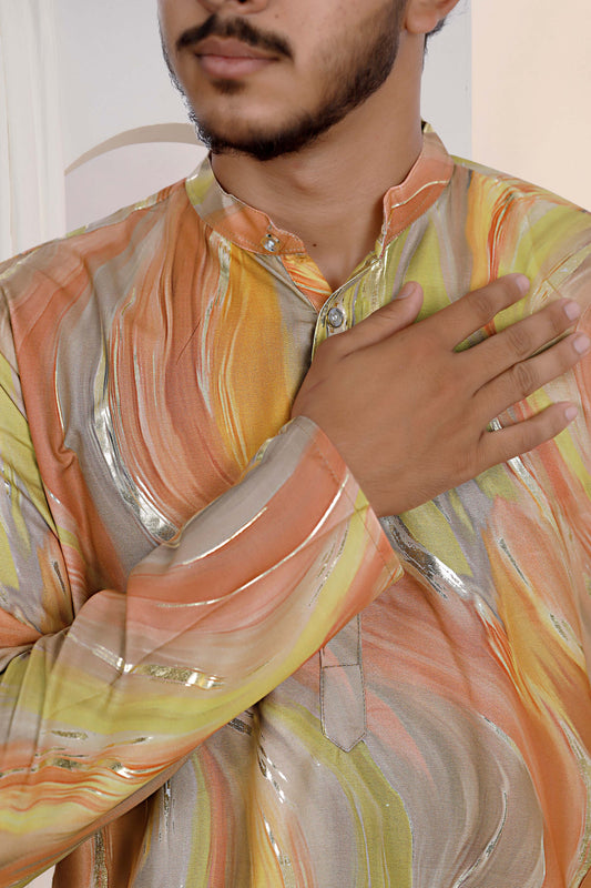 Artistic Print Pure Designer Kurta In Peach-Yellow Color