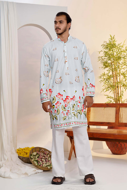 Pichwai Inspired Nandi Floral Pure Rayon Printed Kurta