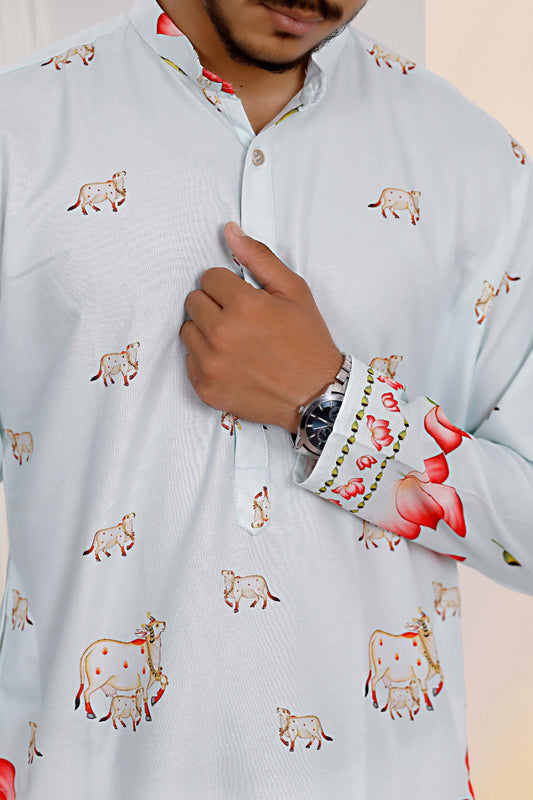 Pichwai Inspired Nandi Floral Pure Rayon Printed Kurta