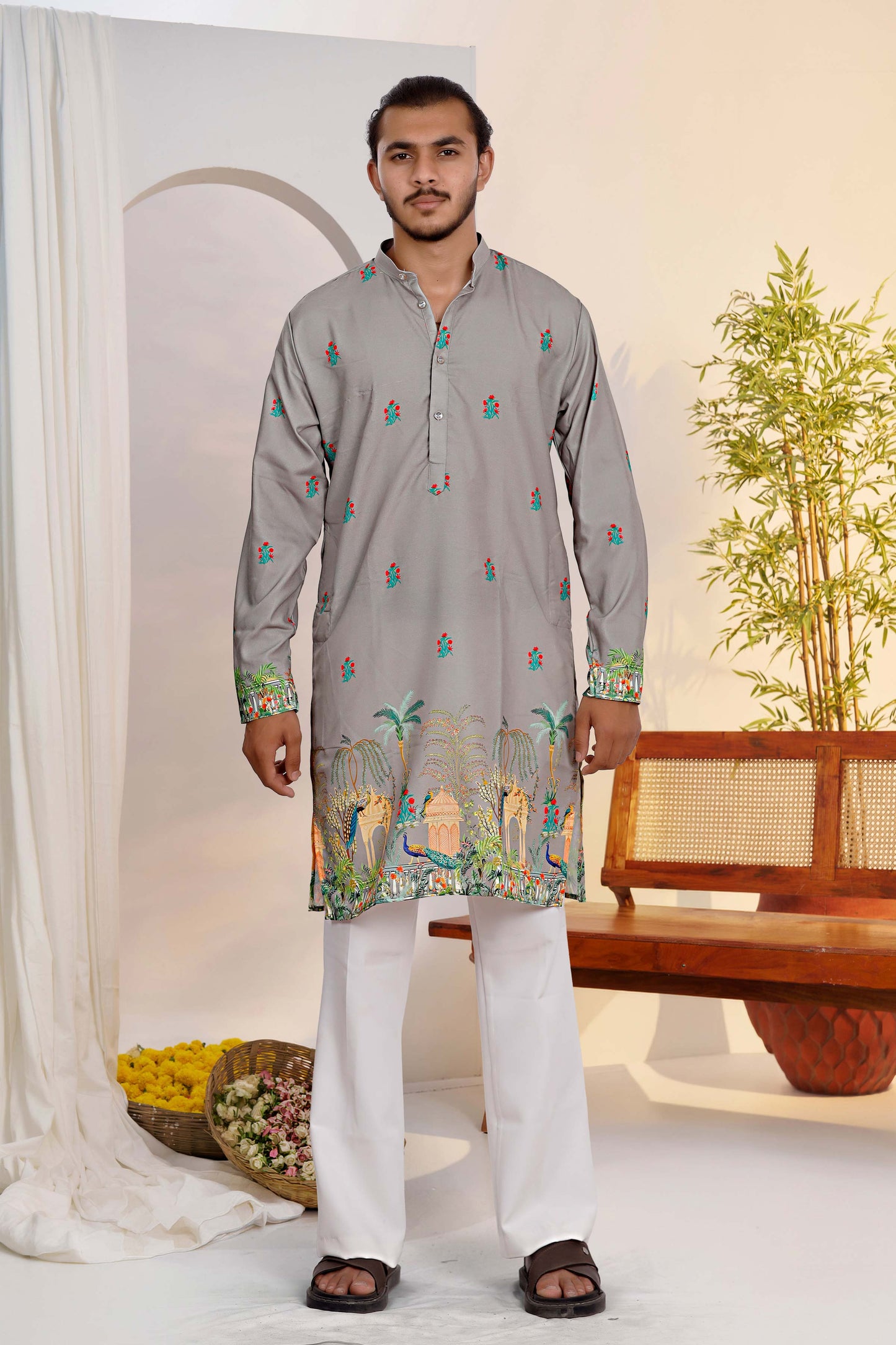 Gray Kurta With Heritage Royal Print