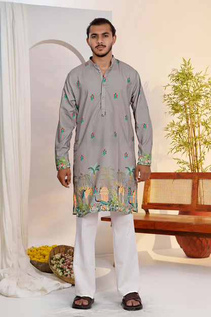 Gray Kurta With Heritage Royal Print