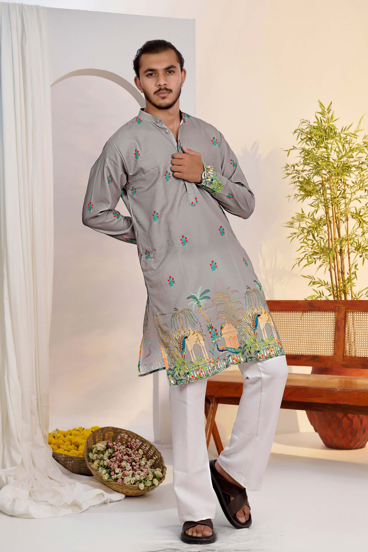 Gray Kurta With Heritage Royal Print