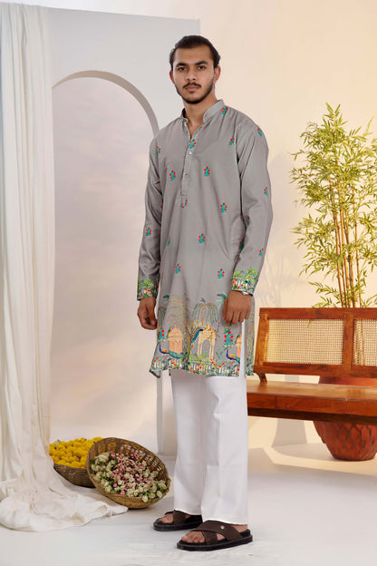 Gray Kurta With Heritage Royal Print
