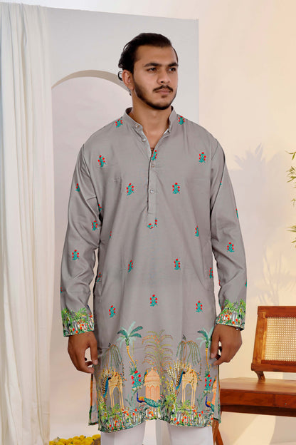 Gray Kurta With Heritage Royal Print