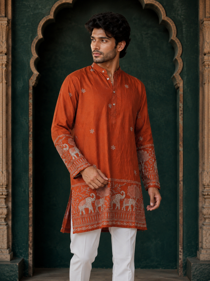 Rust Embroidered Kurta With Heritage Border